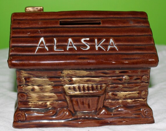 Brown Alaska Log Cabin Piggy Bank Vintage by CatieScottStudio