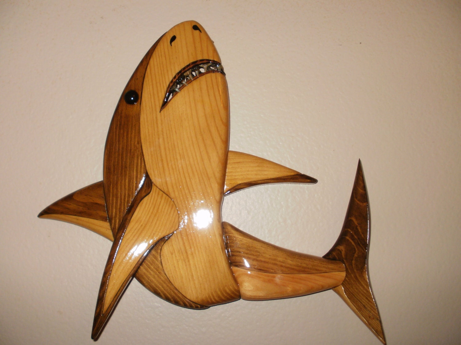 hand made wood shark wall hanging REAL SHARKS TEETH