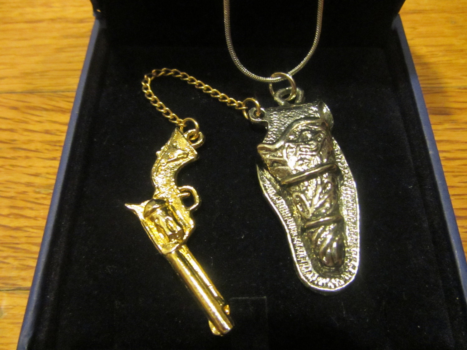 Vintage gun and holster keychain necklace by lizmoll on Etsy