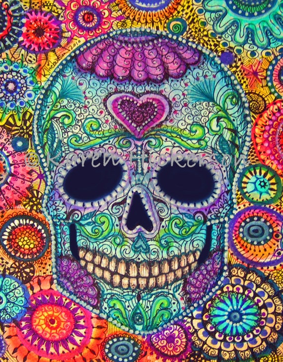 Dia de los Muertos FOLK ART PRINT ~ Day of the Dead Sugar Skull ...