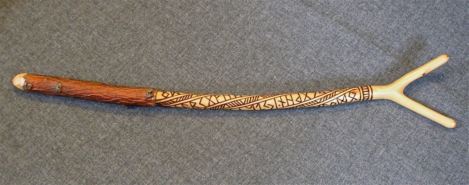 Carved AppleWood Rune Stangr Forked Wand