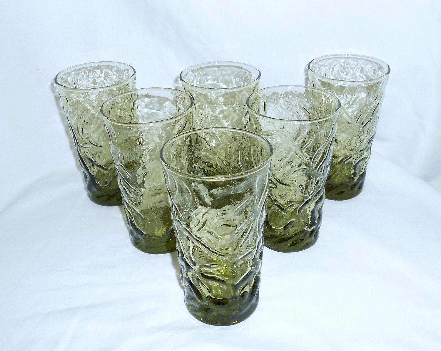 6 Vintage Drinking Glasses Rough Texture Avacado Green By