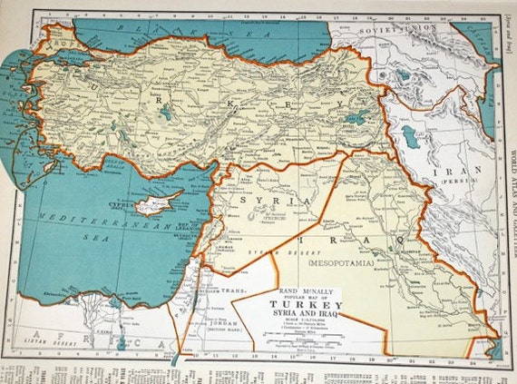 Turkey Syria Iraq and Palestine Vintage Color Map 1940