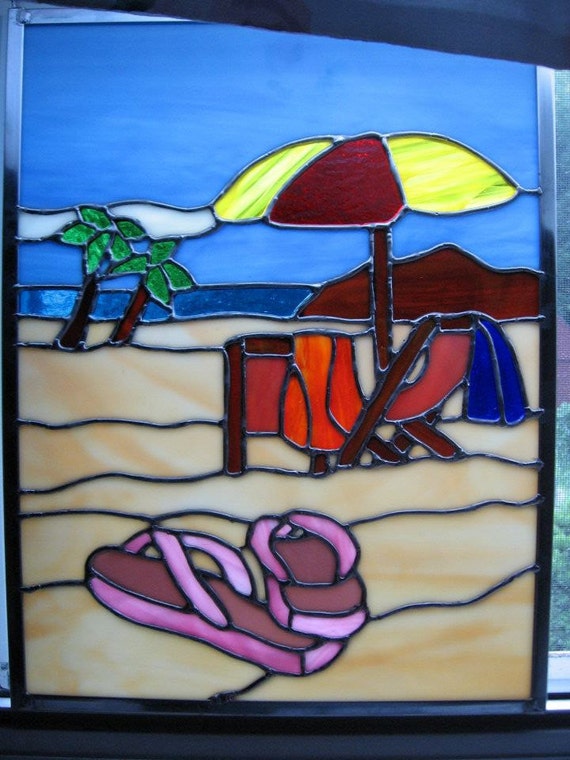 Beach Scene Stained Glass Panel Beach Decor Coastal Decor