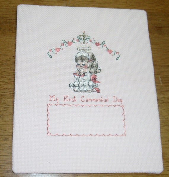 Pink Girl's First Communion Cross Stitch Sampler