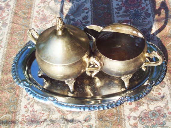 Antique/Vintage silver sugar and creamer set complete with tray