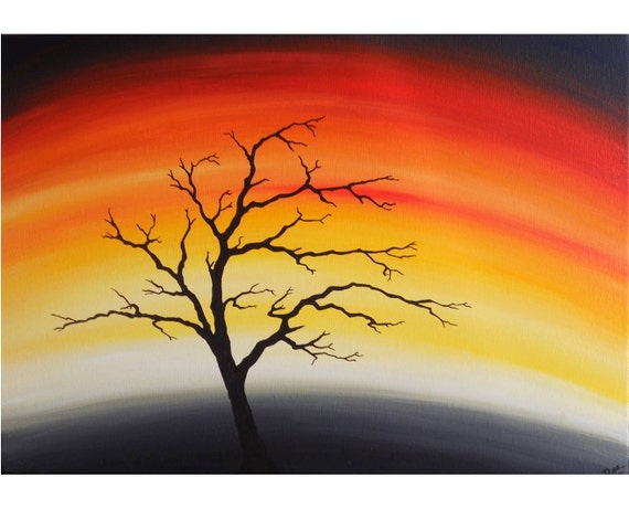 Items similar to Silhouette Tree Summer Sky - Acrylic Painting ...