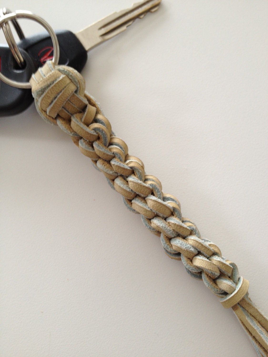 Twisted Box Braided leather key chain with monkey fist on top