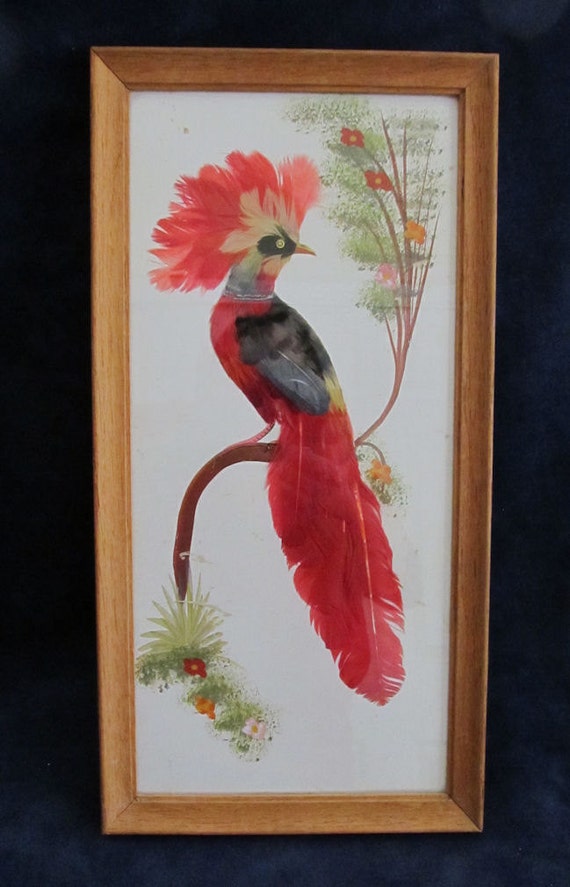 Items similar to Vintage Framed Mexican Feather Art - Peacock on Etsy
