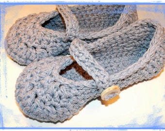 womens slippers, Crochet slippers in mary jane style, denim blue with wood button