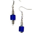 Blue glass cube earrings wire wrap silver fish hook Handmade Gift