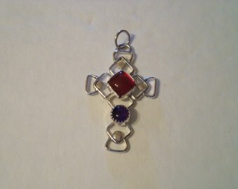 Sterling Silver Cross with Carnelian and Amethyst