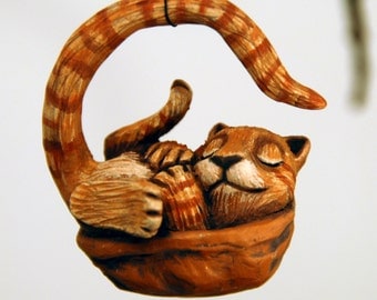Sleeping Tabby Cat Walnut Ornament