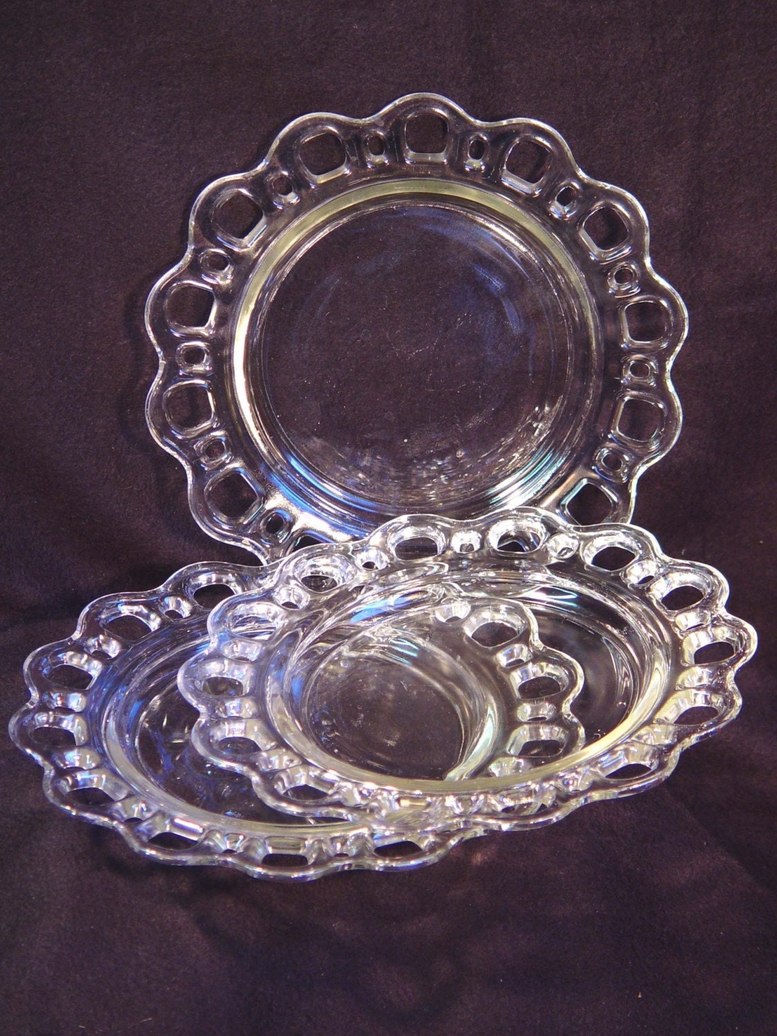 Luncheon Plates Fancy Pressed Glass Pierced Lace Edges Vintage