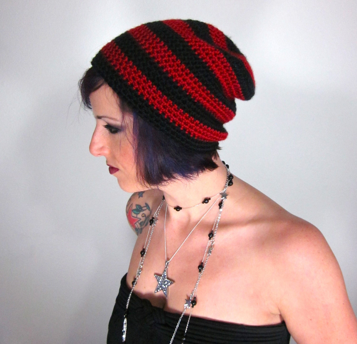 Punk Rock Beanie Unisex Red and Black Crocheted Hat