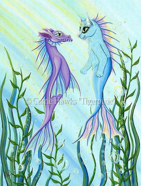 Cat Mermaid Art Dragon Mercat Ocean Sea Fantasy Cat Art Print 8x10