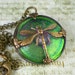 Dragonfly Necklace Shimmery Green Czech Glass Button Oxidized Brass Vintage Inspired Jewelry