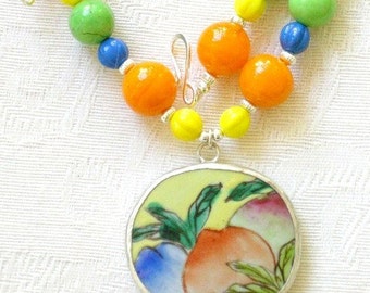 Pottery shard necklace, Ming Dynasty, beaded, historic, antique, unique, colorful, yellow, orange, flower, summer fruit - Emily