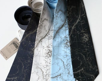 Contour Map Necktie. Topographic Map silk tie. Men's nautical print, seafloor tie. Cartographer, geography gift, man who loves travel.