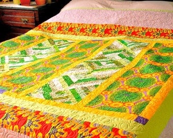 Queen Quilt Bright Sunny Colors "Midday Summer Garden" Patchwork Bedding