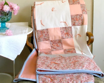 Patchwork Tied Quilt Cotton Blends & Virgin Wool  / Peach Pink White Blue Prints