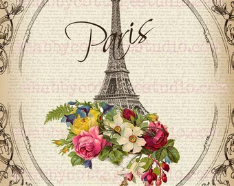 Instant Download DIGITAL Large Image Paris Flowers Eiffel Tower