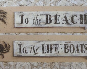 BEACH Palm Tree or LIFE BOAT Crab art prints. Rustic distressed New England style seaside cottage decor by Donna Atkins. Tan, white, neutral