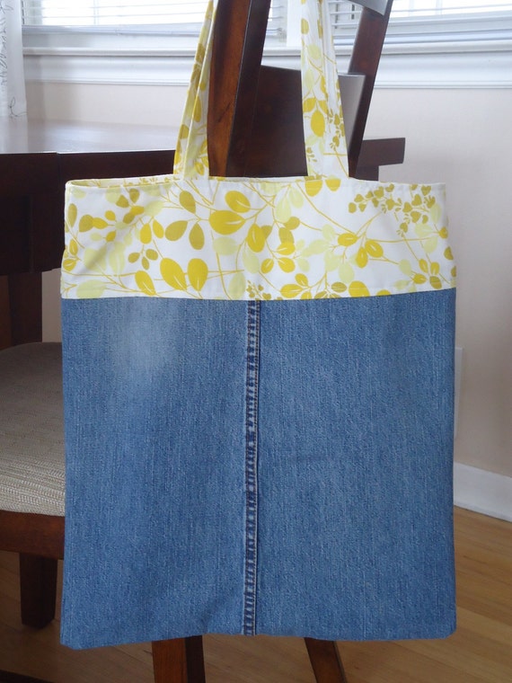 Denim Bag Denim Tote with Vintage Fabric Summer by sweetpeapurses