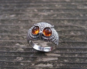 Sterling Silver Owl Ring With Amber Eyes
