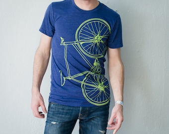 FIXIE Bike TSHIRT LARGE mens lime green bicycle on indigo tri-blend L