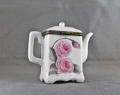 Hand Painted Tea Pot Shaped, Porcelain Hinged Box With Pink Cabbage Roses