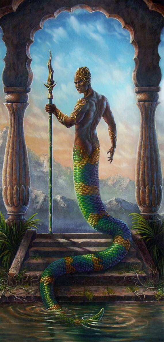 Fantasy Art Print African Ethinic Temple Snake Naga Merman
