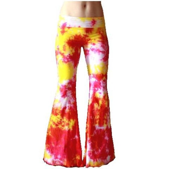 Yellow Pink Orange Tie Dyed Yoga Flares rave by rarebutterfly