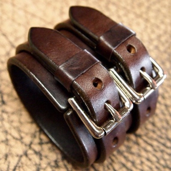Leather cuff bracelet Double strap rich brown bridle Leather wristband slick and smooth Custom made for you in NYC by Freddie Matara