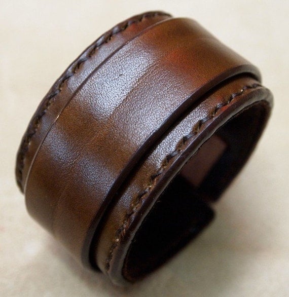 Leather cuff Bracelet Brown hand stitched suede lined custom crafted for You in NYC by Freddie Matara