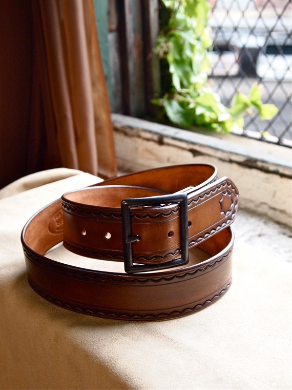 Leather tooled belt made in Brooklyn NYC USA