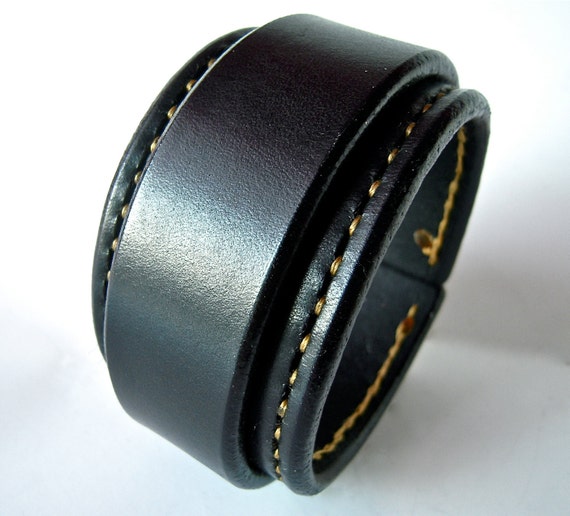 Leather cuff wristband Black Bracelet with Gold stitching handmade for YOU in NYC by Freddie Matara