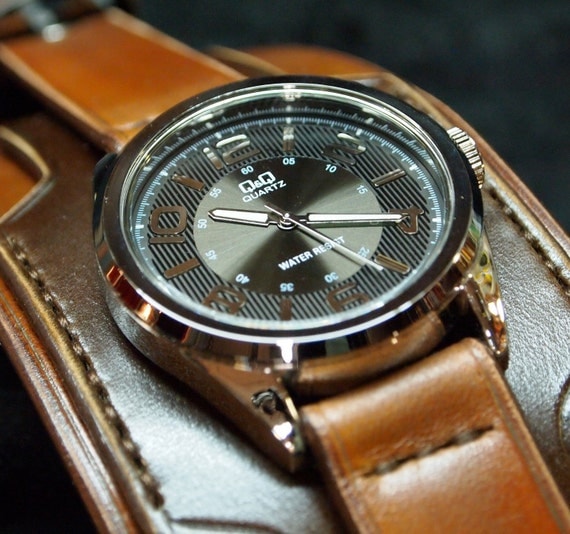 Leather cuff watch 2 Tone brown watchband- Nathan Drake wide layered made for YOU in Brooklyn, NY by Freddie Matara