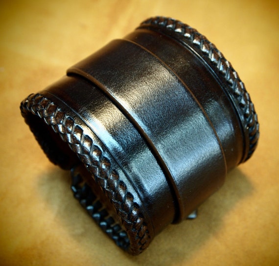 Black Leather Cuff bracelet hand made, Kangaroo lace braided edge made for YOU in NYC by Freddie Matara!
