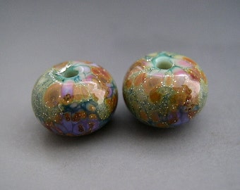 Naos Glass GLOSSY Lily Pad Gardens Pair Made To Order Handmade Lampwork Beads SRA Teal Purple Green Rust