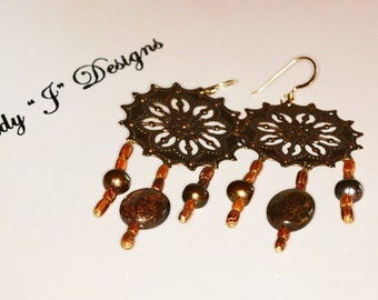 Long Copper Sunburst Dangle Earrings Beaded Wood and Bronzite Handmade