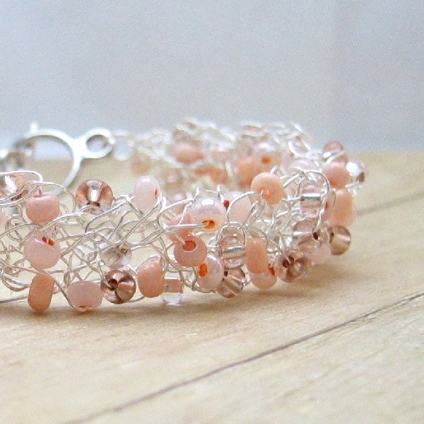Peach Wire Bracelet Crocheted Wire Jewelry Bead Crochet