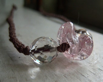 Brown Fine Hemp Necklace with Clear and Pink Glass Beads