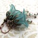 Teal Flower Earrings, Aqua Seafoam Green Glass, Antiqued Brass - Garden Wedding, Bridesmaids, Gift for Gardener, Vintage Style Jewelry