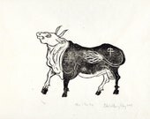 Niu- The Ox, Linocut, 2nd in the Chinese Zodiac - Limited Edition - Black and White Lino Block Print Ox with Chinese Character