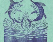 X is for Xiphias Linocut - Swordfish Lino Block Print, Fighting Swordfish, X is for Xiphias