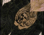 Hand-Held Harpy III - multimedia linocut art - Myth, Harpy, Siren, Woman Bird Hybrid with Hand, Lino Block Print, Collage Art