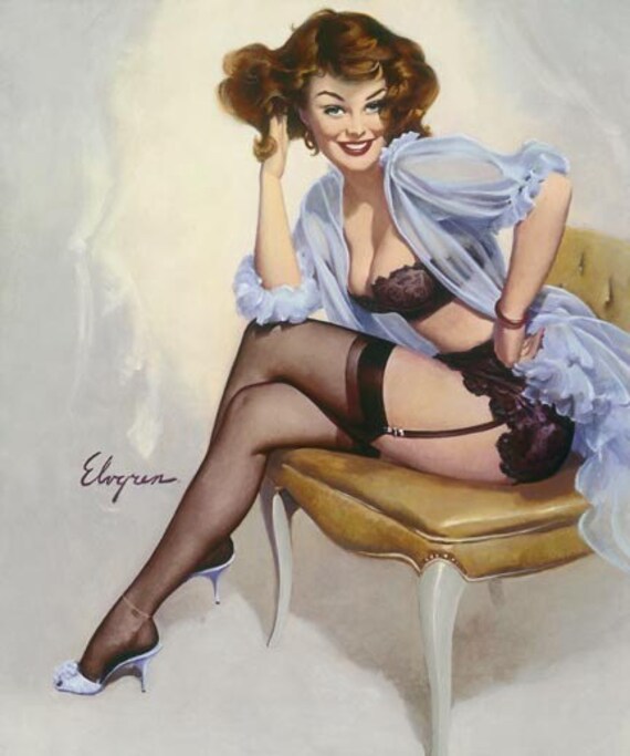 Elvgren Well Seated Pin Up Negligee Lingerie Stockings