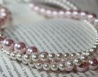 Light Pink blush & White Twisted Pearl Bridal Necklace, 3 Strand layered wedding necklace, statement, tea rose, Thick Wedding Jewelry