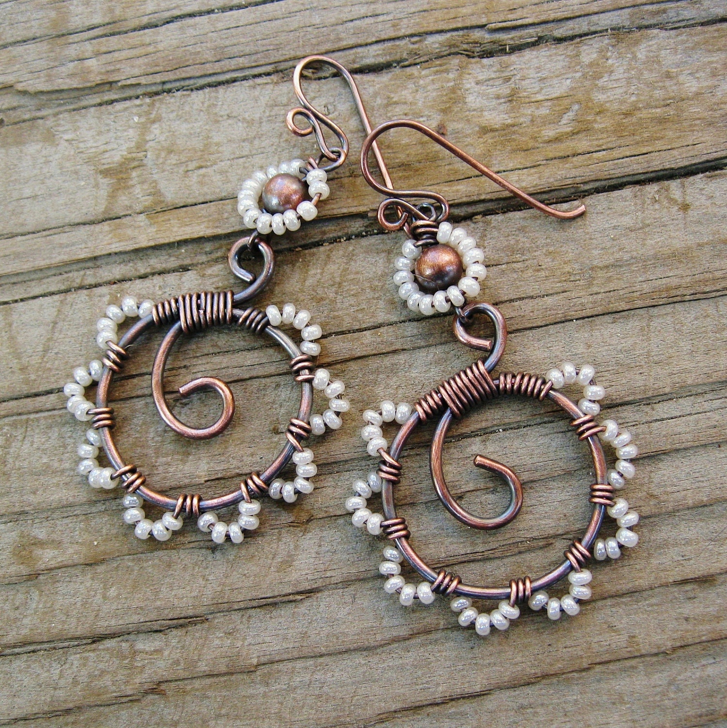 Bead Dance seed beaded hoop earrings in Pearly White wire